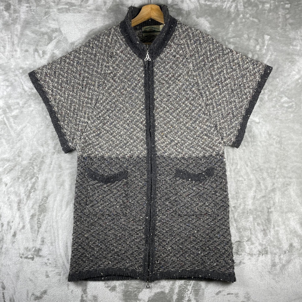 Aran Crafts Sweater Women L Gray Vintage Wool Full Zip Short Sleeve Pocket